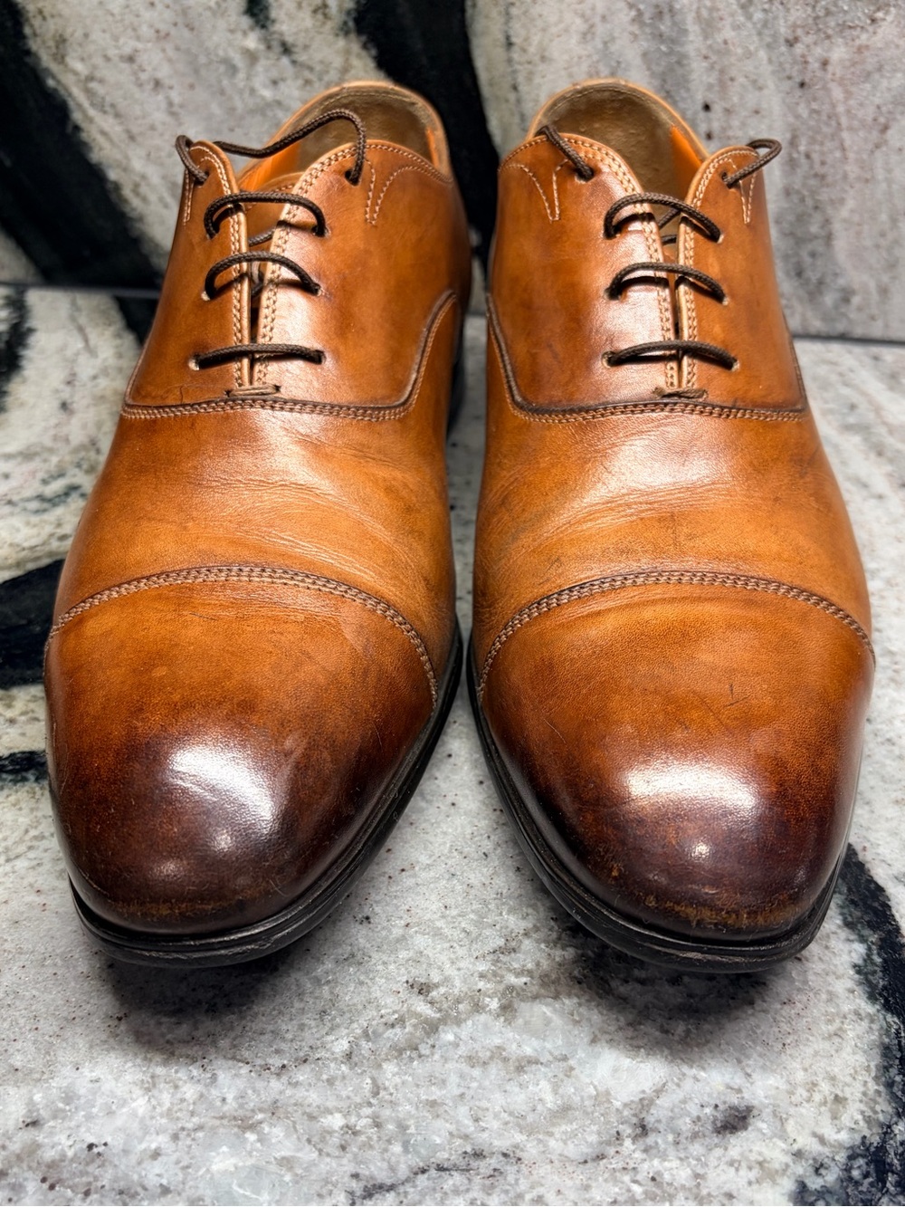 Santoni Cap Toe Oxford Shoes 10.5 US Cognac Brown Hand Burnished Made in Italy - Picture 9 of 12